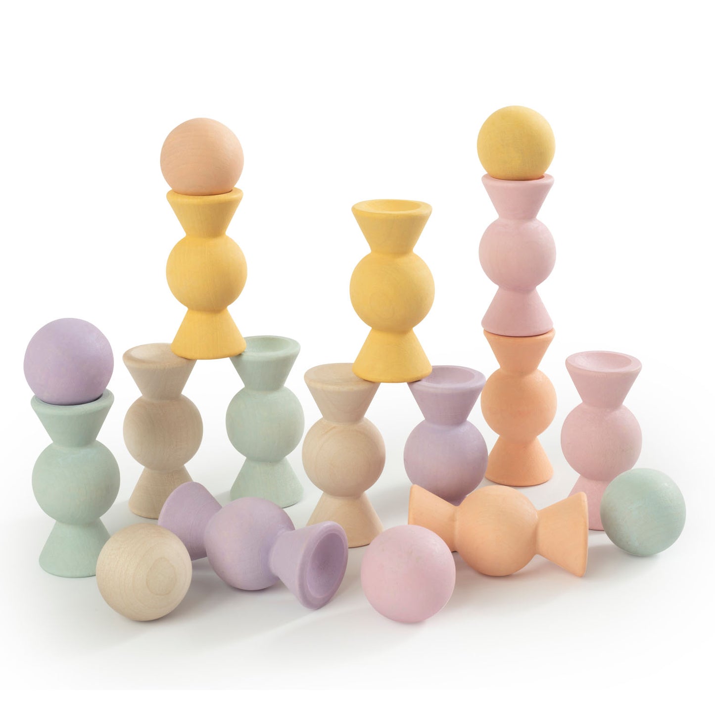Wooden Chill Pepper Sweets stacking and spinning game for ages 3 and up, made from eco-friendly maple wood and non-toxic, water-based paints. The set includes 27 pastel-colored candy-shaped pieces and 6 gumballs for open-ended play.