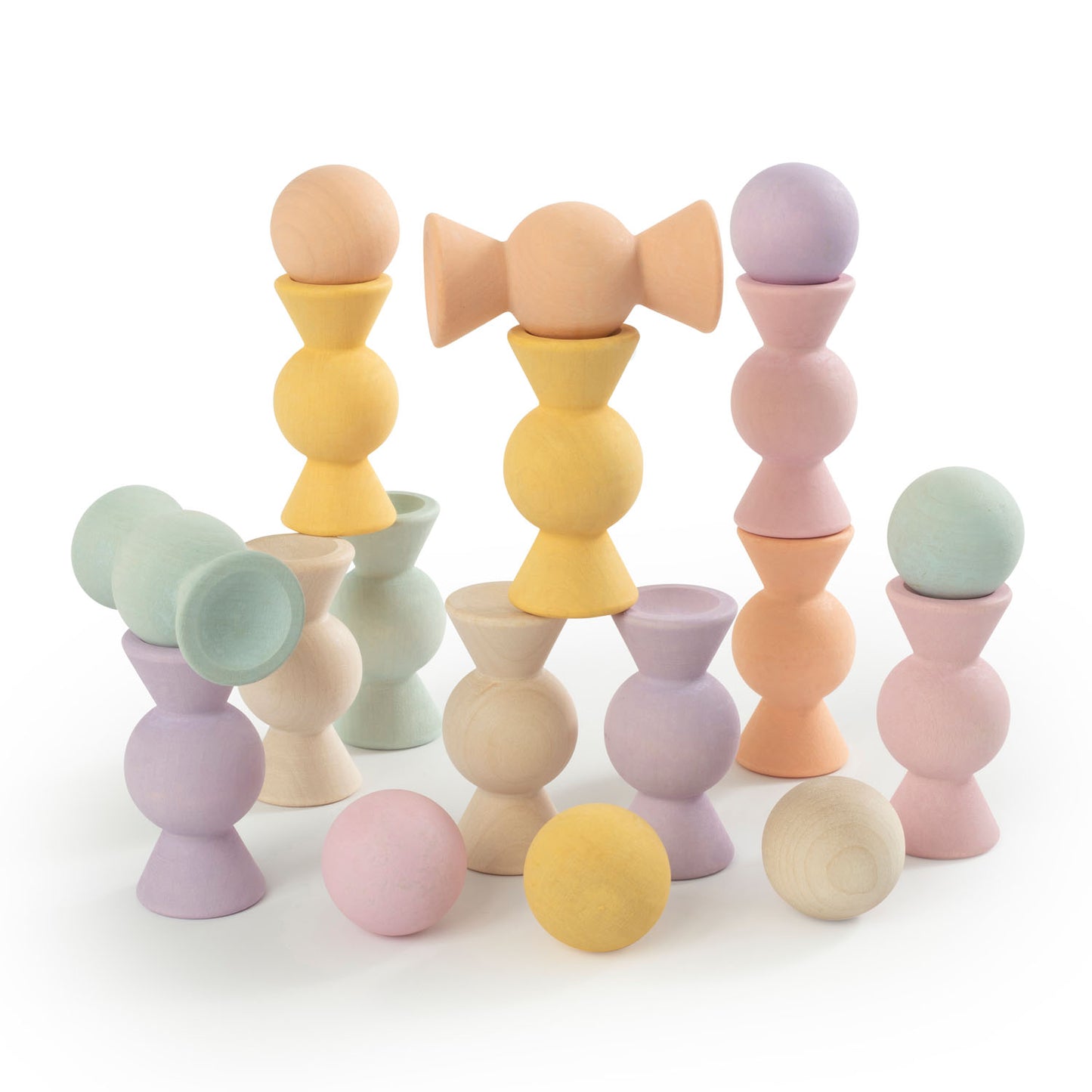Wooden Chill Pepper Sweets stacking and spinning game for ages 3 and up, made from eco-friendly maple wood and non-toxic, water-based paints. The set includes 27 pastel-colored candy-shaped pieces and 6 gumballs for open-ended play.