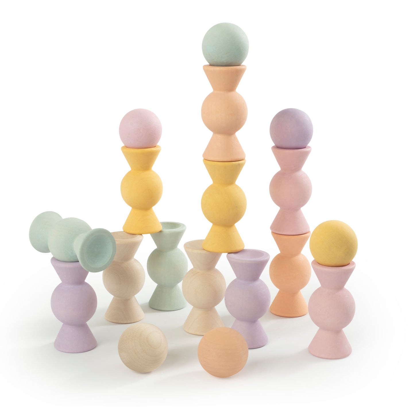 Wooden Chill Pepper Sweets stacking and spinning game for ages 3 and up, made from eco-friendly maple wood and non-toxic, water-based paints. The set includes 27 pastel-colored candy-shaped pieces and 6 gumballs for open-ended play.