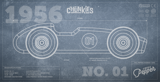 Blueprint of a Chunkies wooden toy car called Model No 01 The Legend. Shaped like the formula racers of old