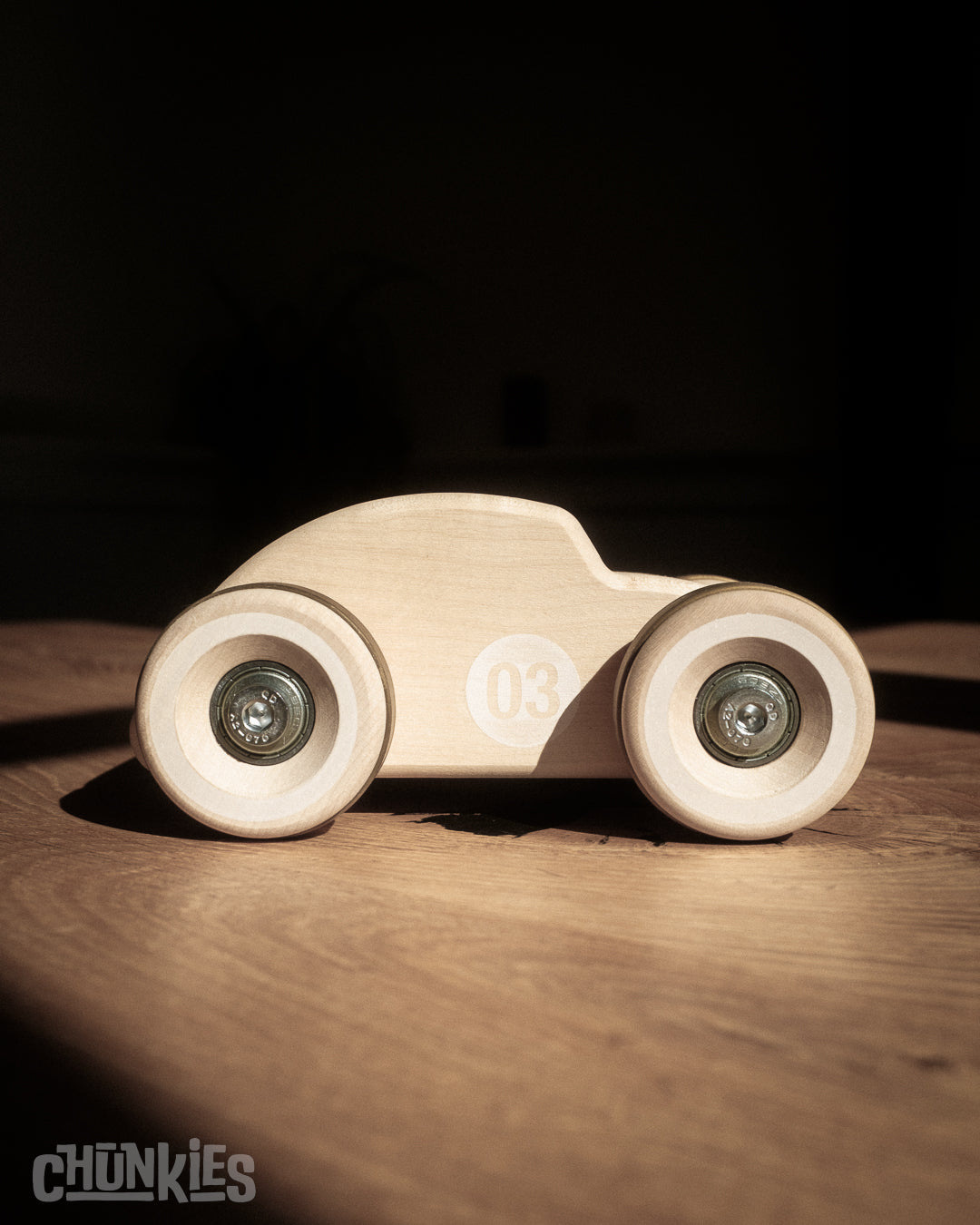 Chunkies: Natural wooden toy car in the shape of a vintage beetle car with wooden wheels, skate bearings and stainless steel hardware. Built to last generations. 