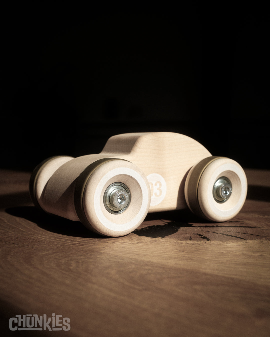 Chunkies: Natural wooden toy car in the shape of a vintage beetle car with wooden wheels, skate bearings and stainless steel hardware. Built to last generations. 