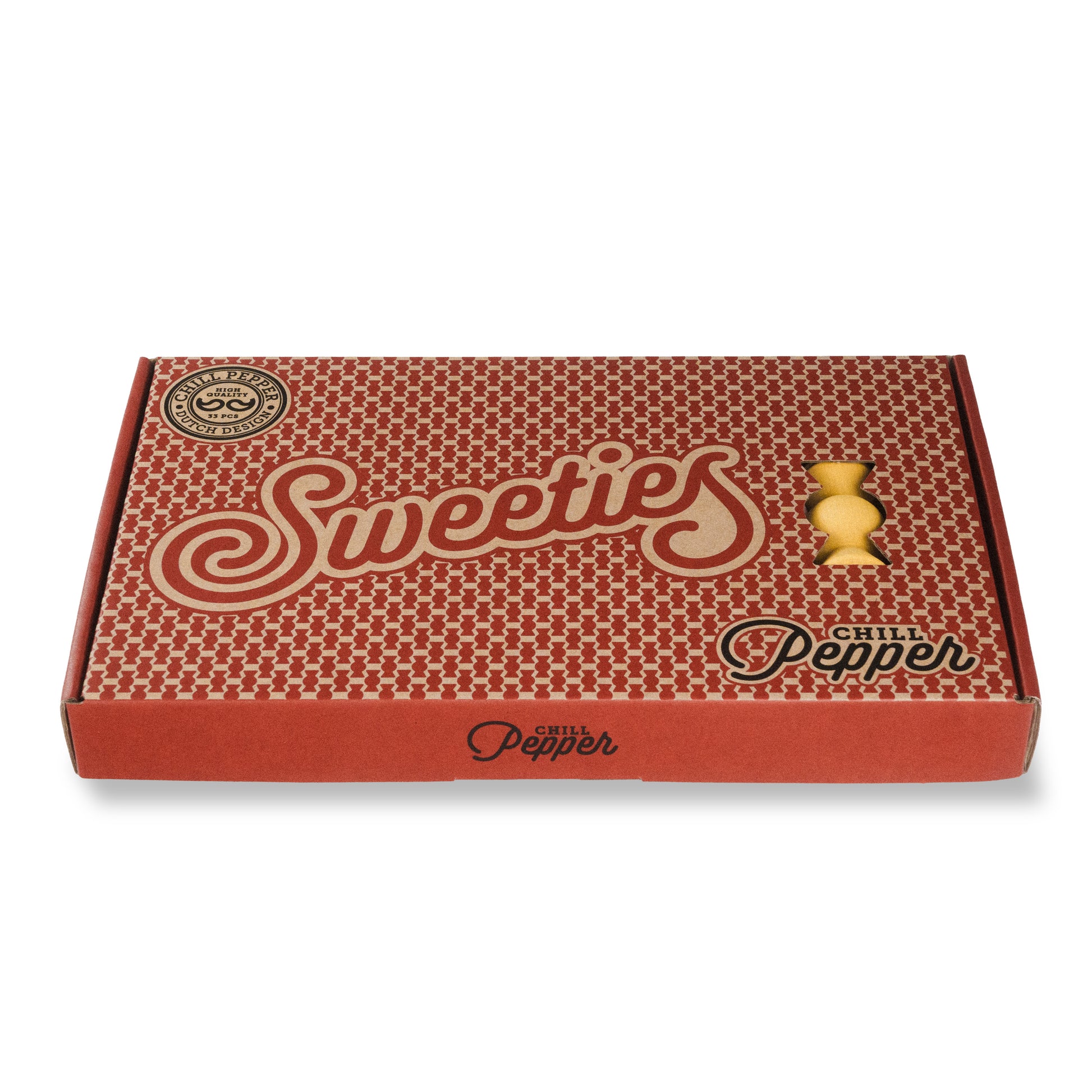 Wooden Chill Pepper Sweets stacking and spinning game for ages 3 and up, made from eco-friendly maple wood and non-toxic, water-based paints. The set includes 27 pastel-colored candy-shaped pieces and 6 gumballs for open-ended play.