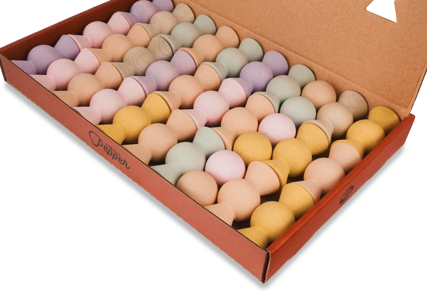 Wooden Chill Pepper Sweets stacking and spinning game for ages 3 and up, made from eco-friendly maple wood and non-toxic, water-based paints. The set includes 27 pastel-colored candy-shaped pieces and 6 gumballs for open-ended play.