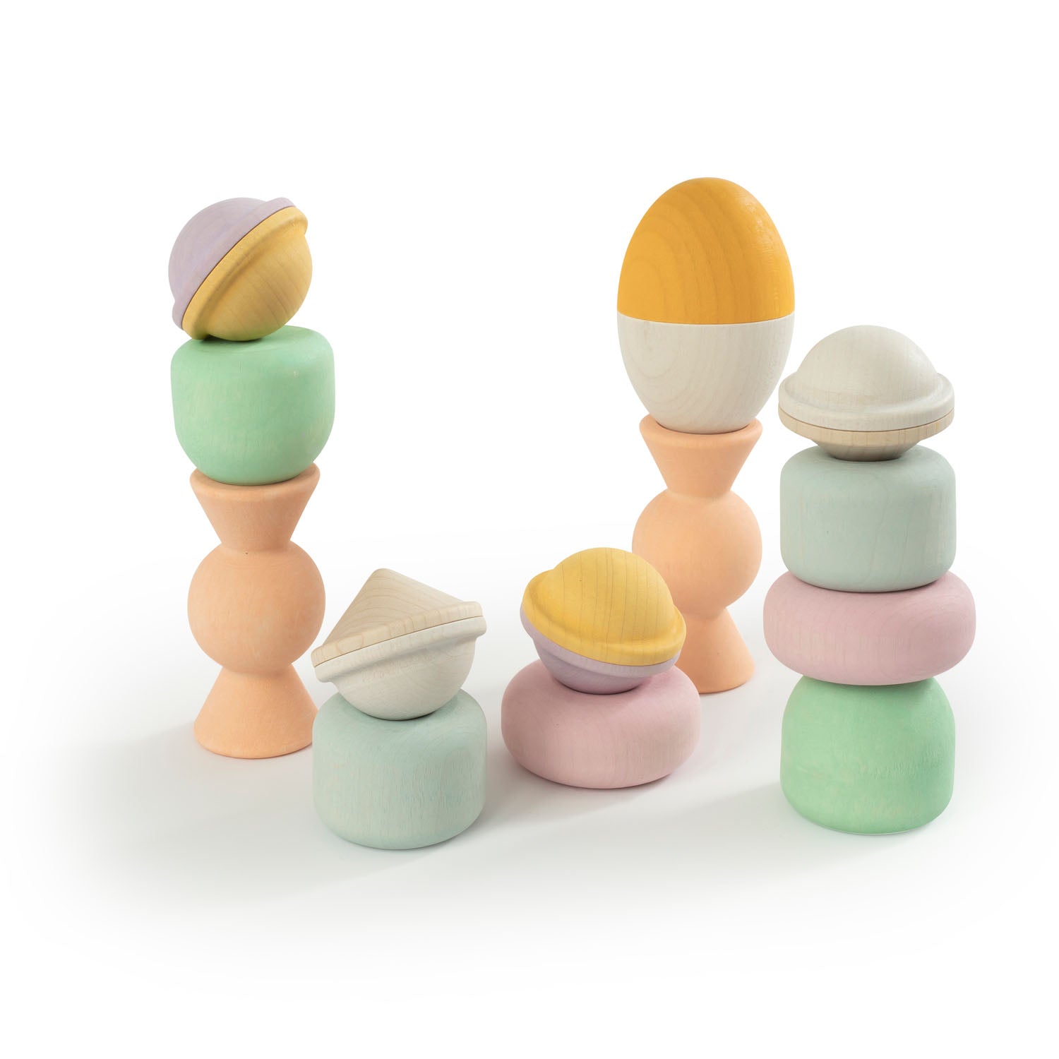 Wooden Chill Pepper Treats stacking and spinning game for ages 3 and up, made from eco-friendly maple wood and non-toxic, water-based paints. The set includes a variety of pastel-colored candy-shaped pieces and a unique Magic Egg for open-ended play.