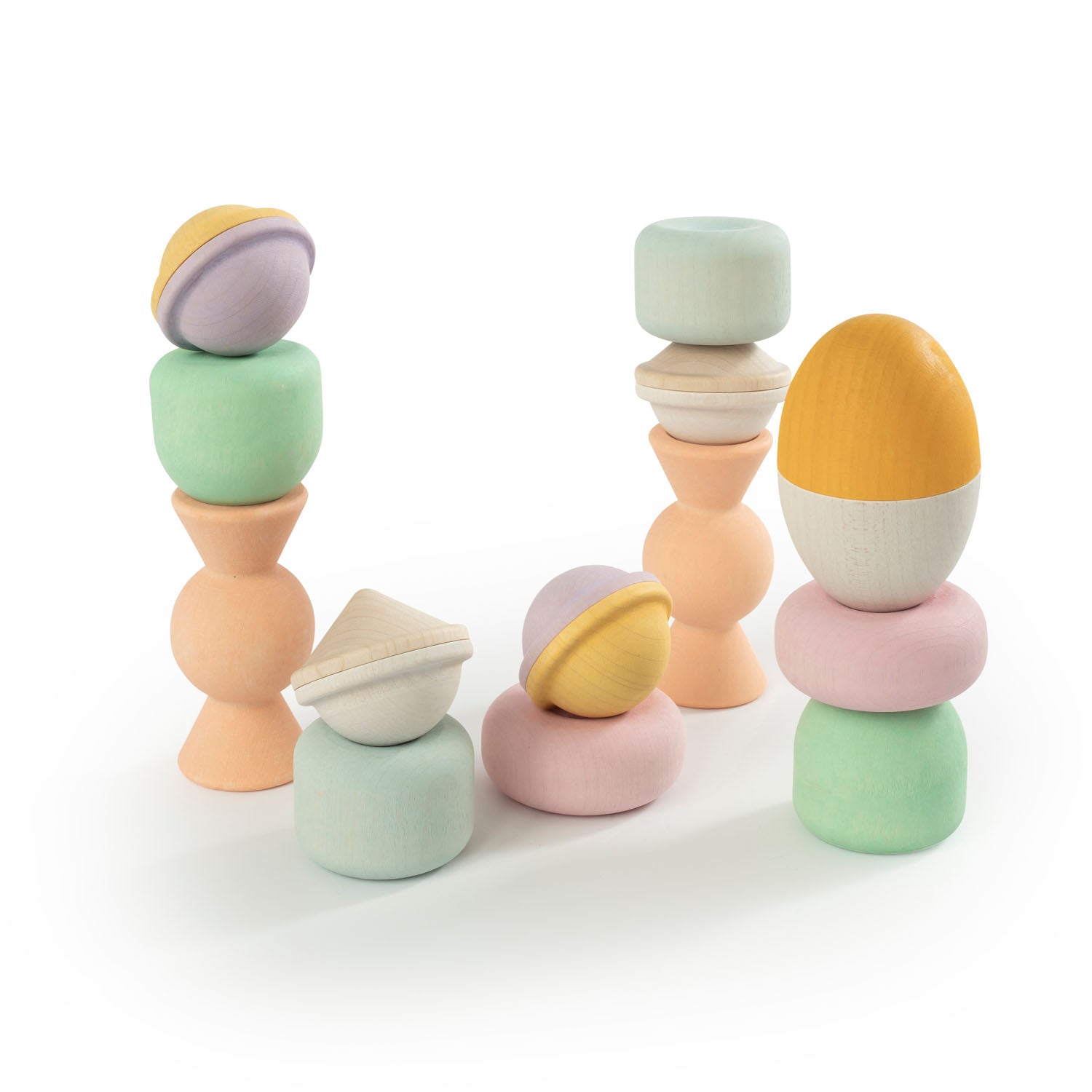 Wooden Chill Pepper Treats stacking and spinning game for ages 3 and up, made from eco-friendly maple wood and non-toxic, water-based paints. The set includes a variety of pastel-colored candy-shaped pieces and a unique Magic Egg for open-ended play.
