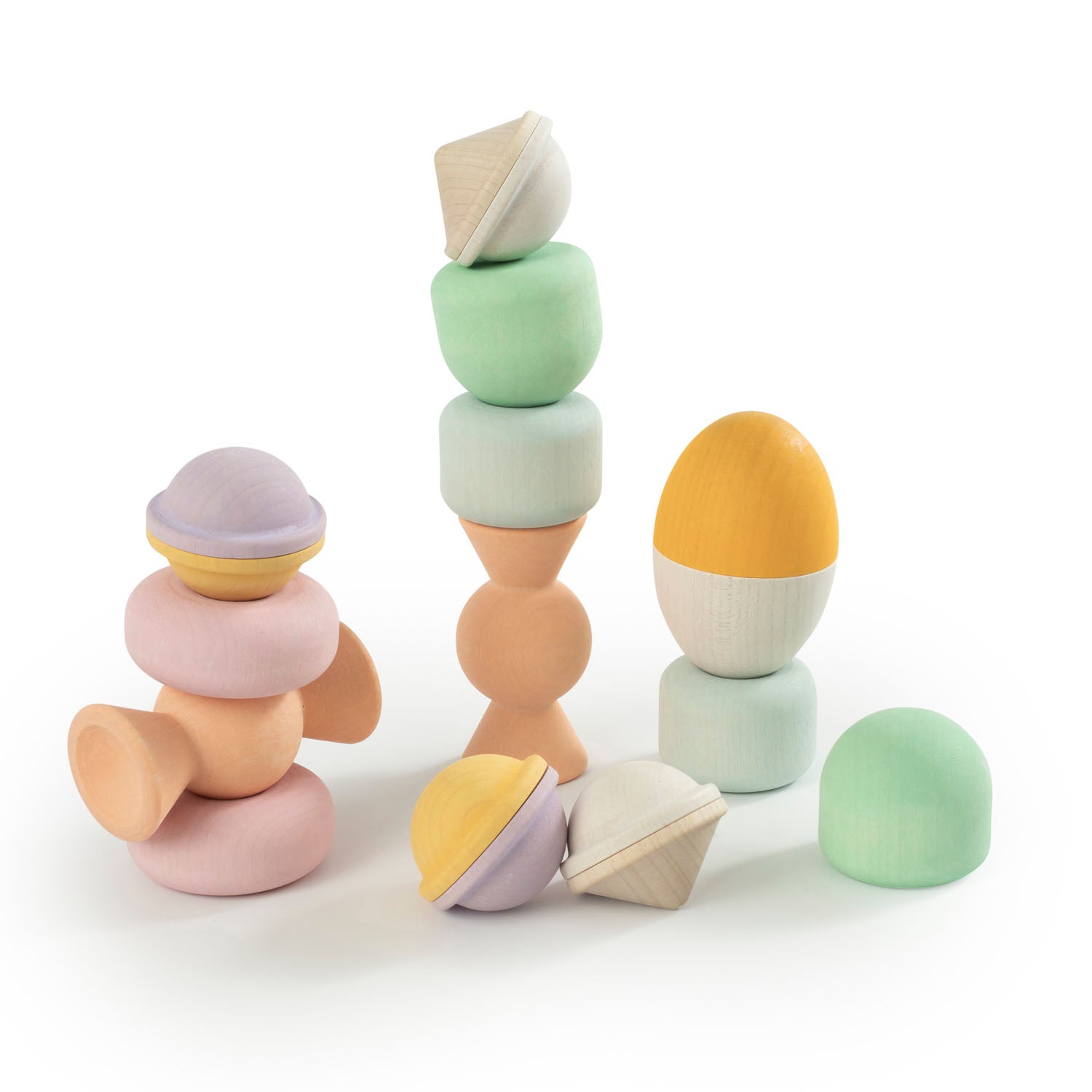 Wooden Chill Pepper Treats stacking and spinning game for ages 3 and up, made from eco-friendly maple wood and non-toxic, water-based paints. The set includes a variety of pastel-colored candy-shaped pieces and a unique Magic Egg for open-ended play.