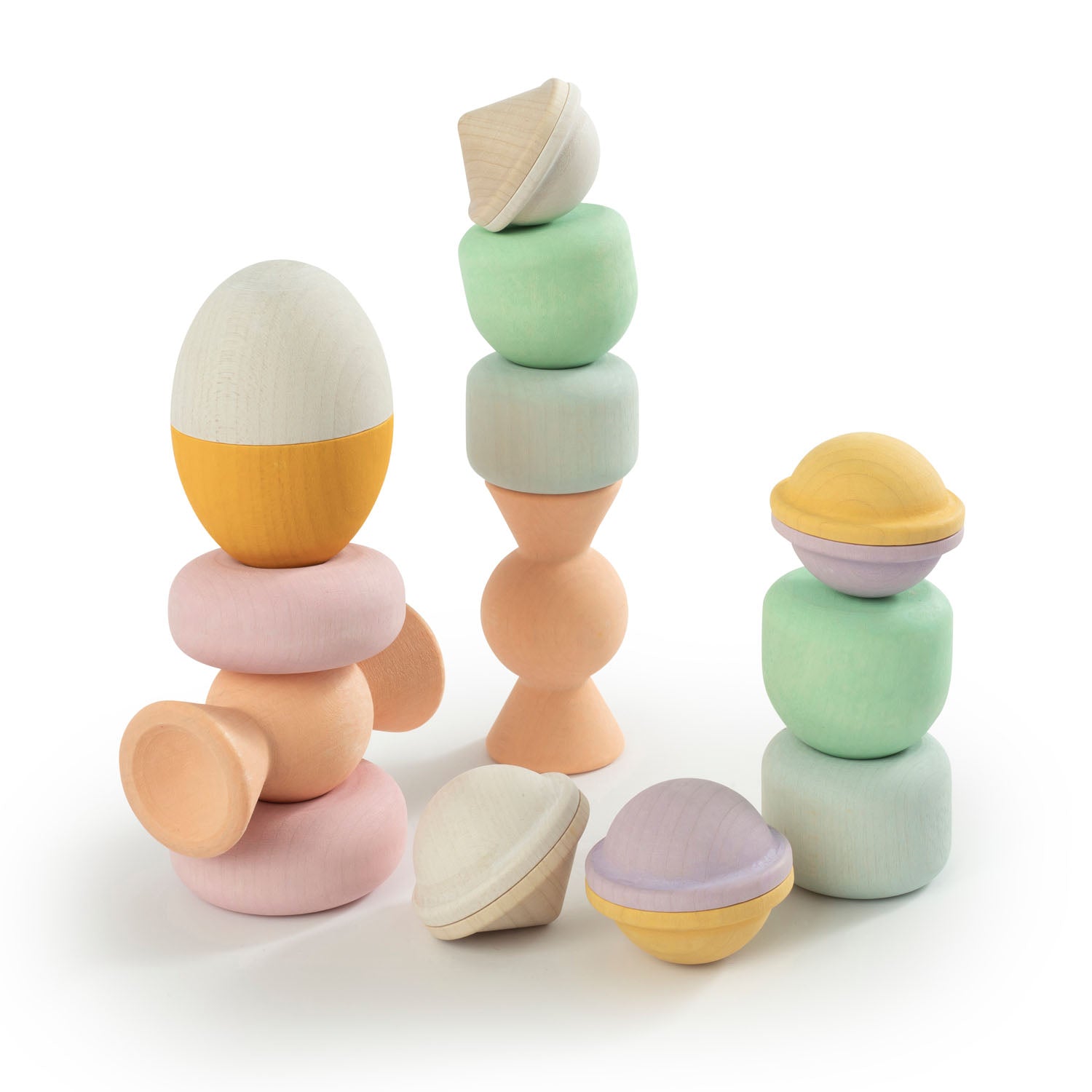 Wooden Chill Pepper Treats stacking and spinning game for ages 3 and up, made from eco-friendly maple wood and non-toxic, water-based paints. The set includes a variety of pastel-colored candy-shaped pieces and a unique Magic Egg for open-ended play.