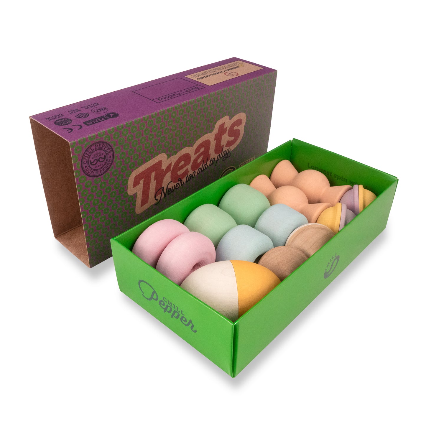 Wooden Chill Pepper Treats stacking and spinning game for ages 3 and up, made from eco-friendly maple wood and non-toxic, water-based paints. The set includes a variety of pastel-colored candy-shaped pieces and a unique Magic Egg for open-ended play.