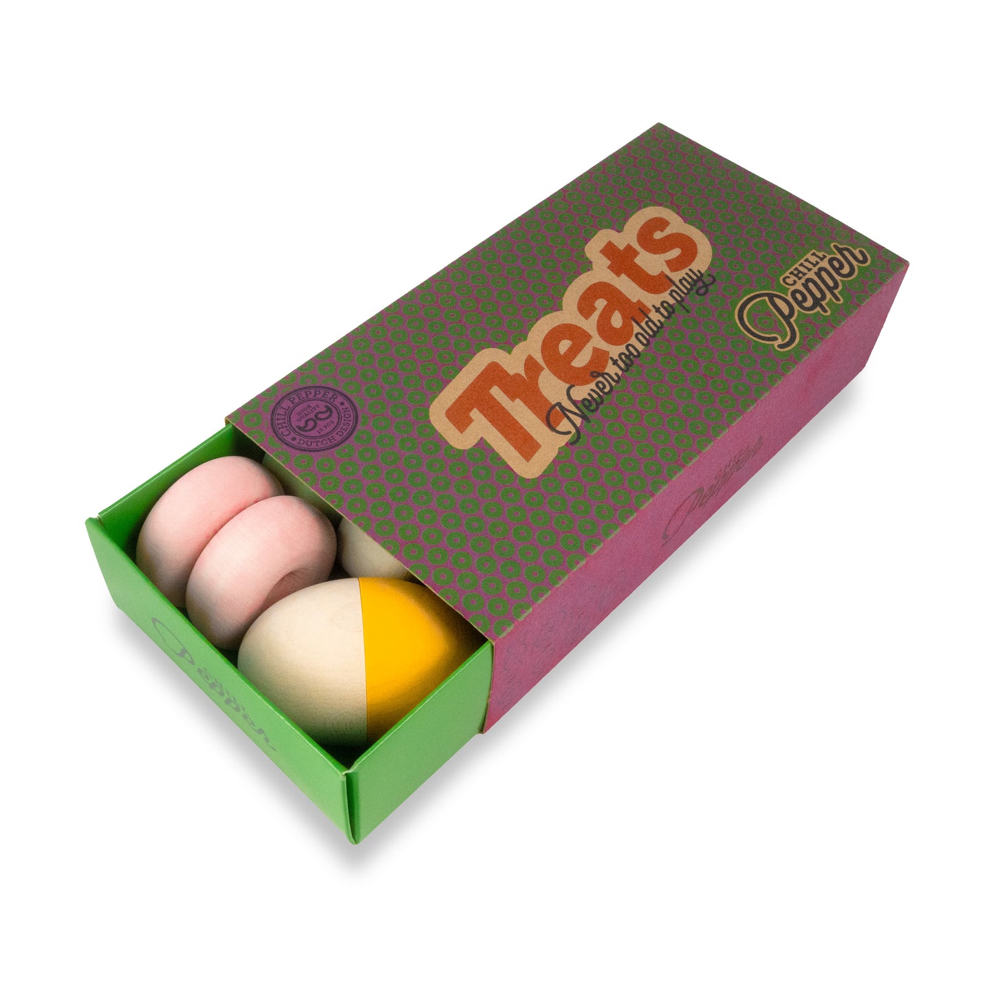 Wooden Chill Pepper Treats stacking and spinning game for ages 3 and up, made from eco-friendly maple wood and non-toxic, water-based paints. The set includes a variety of pastel-colored candy-shaped pieces and a unique Magic Egg for open-ended play.
