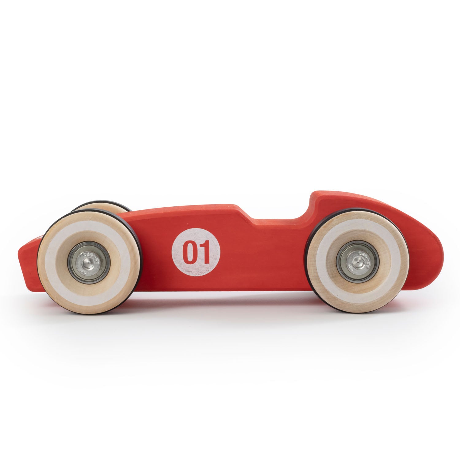 Chunkies: Bright red wooden toy car in the shape of a vintage 1956 Ferrari F1 car with wooden wheels, skate bearings and stainless steel hardware. Built to last generations. 