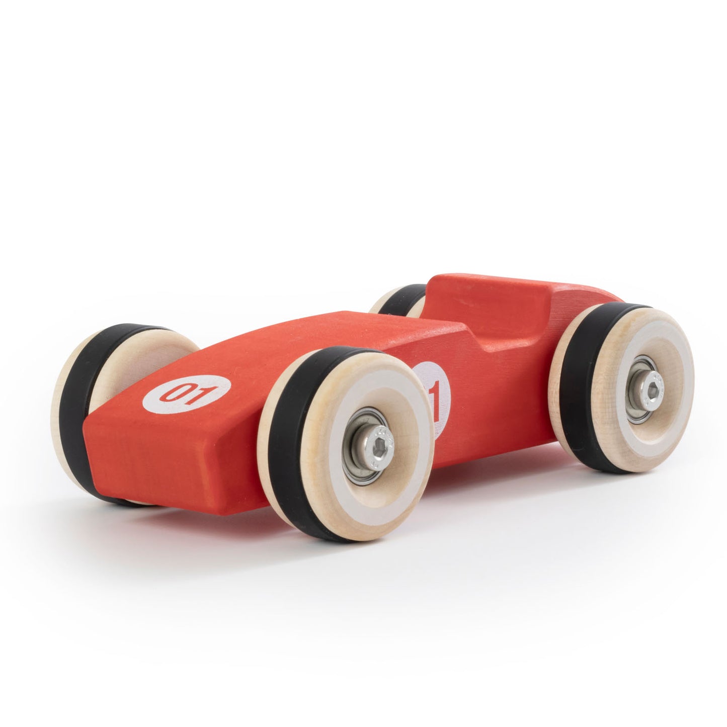 Chunkies: Bright red wooden toy car in the shape of a vintage 1956 Ferrari F1 car with wooden wheels, skate bearings and stainless steel hardware. Built to last generations. 
