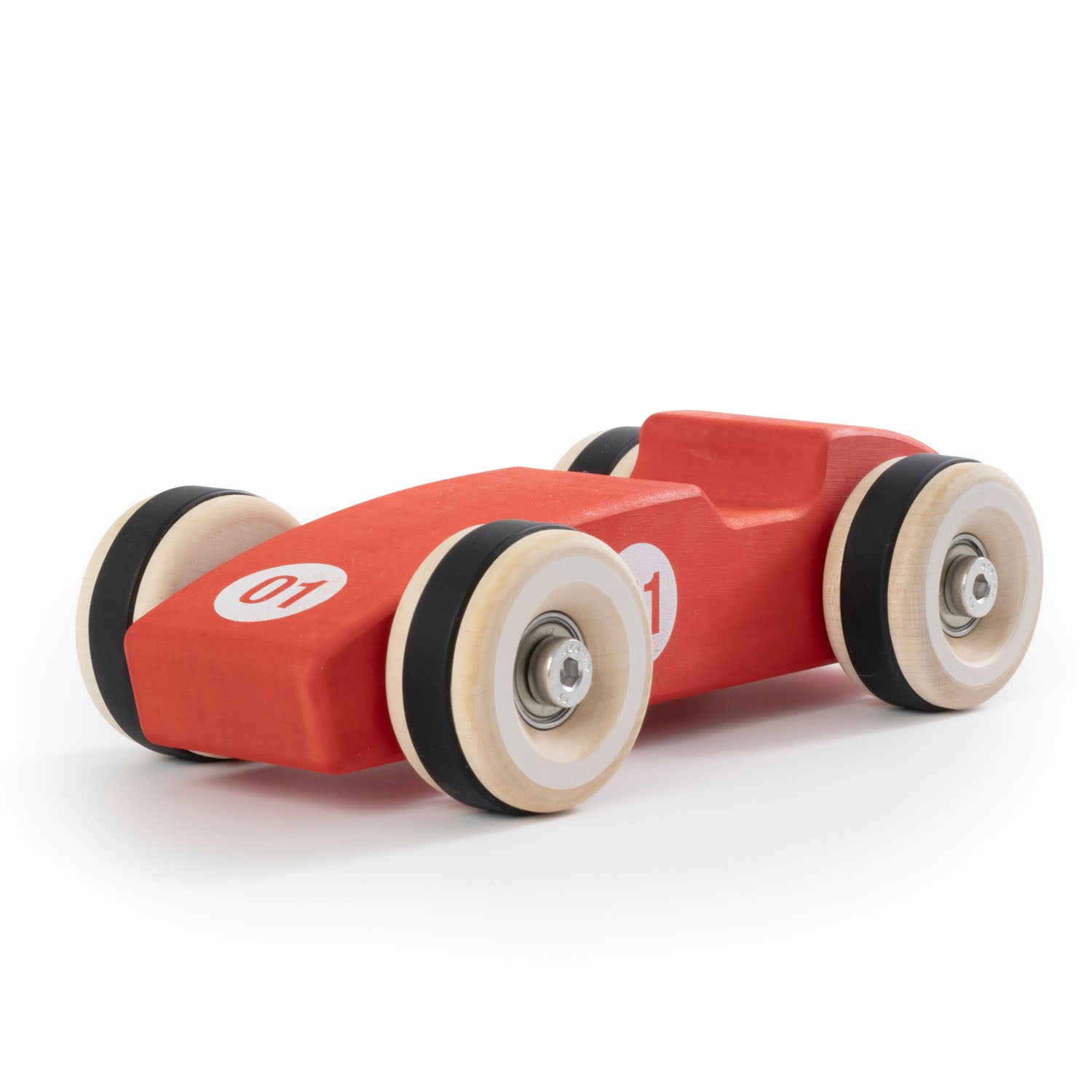 Chunkies: Bright red wooden toy car in the shape of a vintage 1956 Ferrari F1 car with wooden wheels, skate bearings and stainless steel hardware. Built to last generations. 