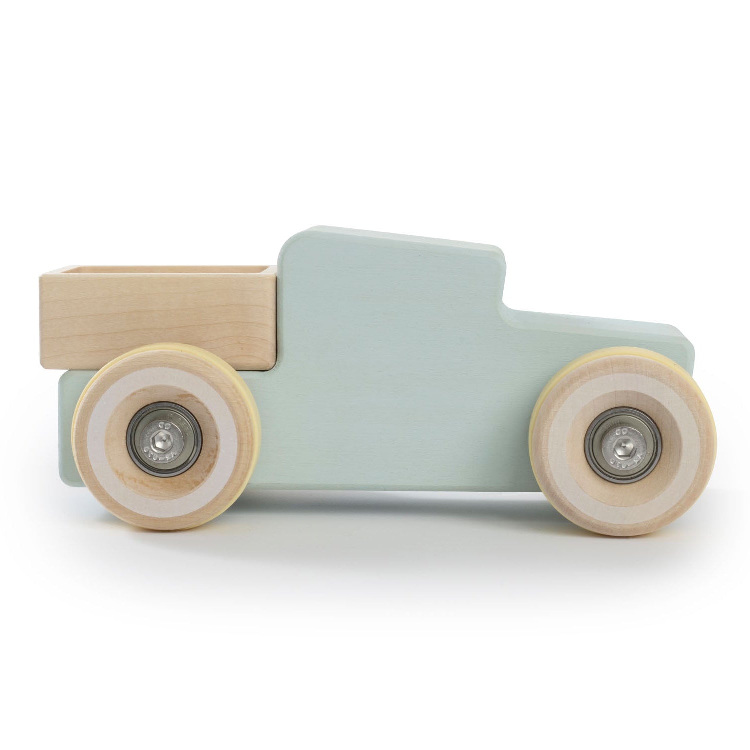 Chunkies: Light blue wooden toy car in the shape of a vintage pick-up truck with wooden wheels, skate bearings and stainless steel hardware. Built to last generations. 