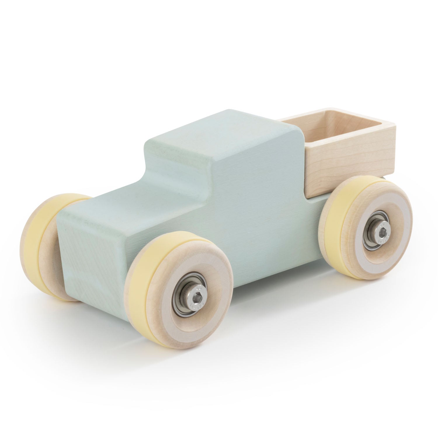 Chunkies: Light blue wooden toy car in the shape of a vintage pick-up truck with wooden wheels, skate bearings and stainless steel hardware. Built to last generations. 