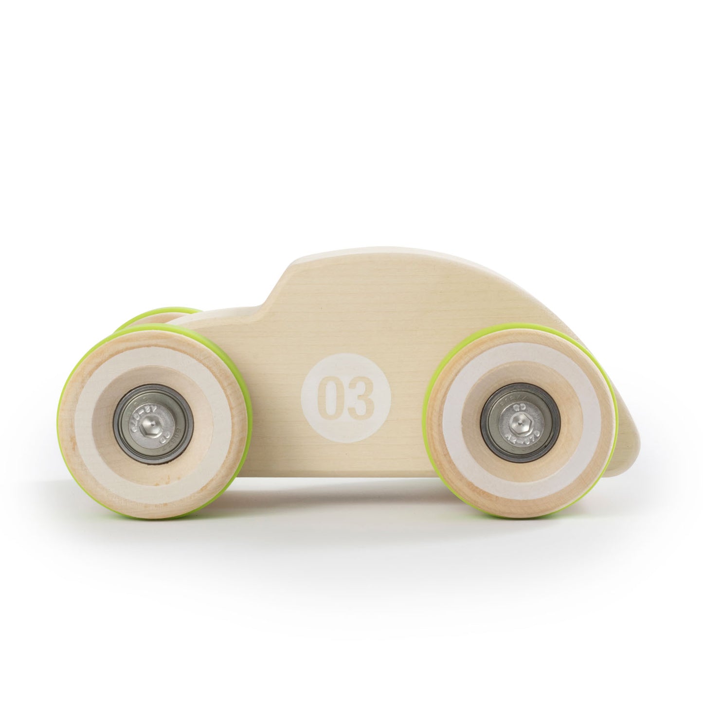 Chunkies: Natural wooden toy car in the shape of a vintage beetle car with wooden wheels, skate bearings and stainless steel hardware. Built to last generations. 