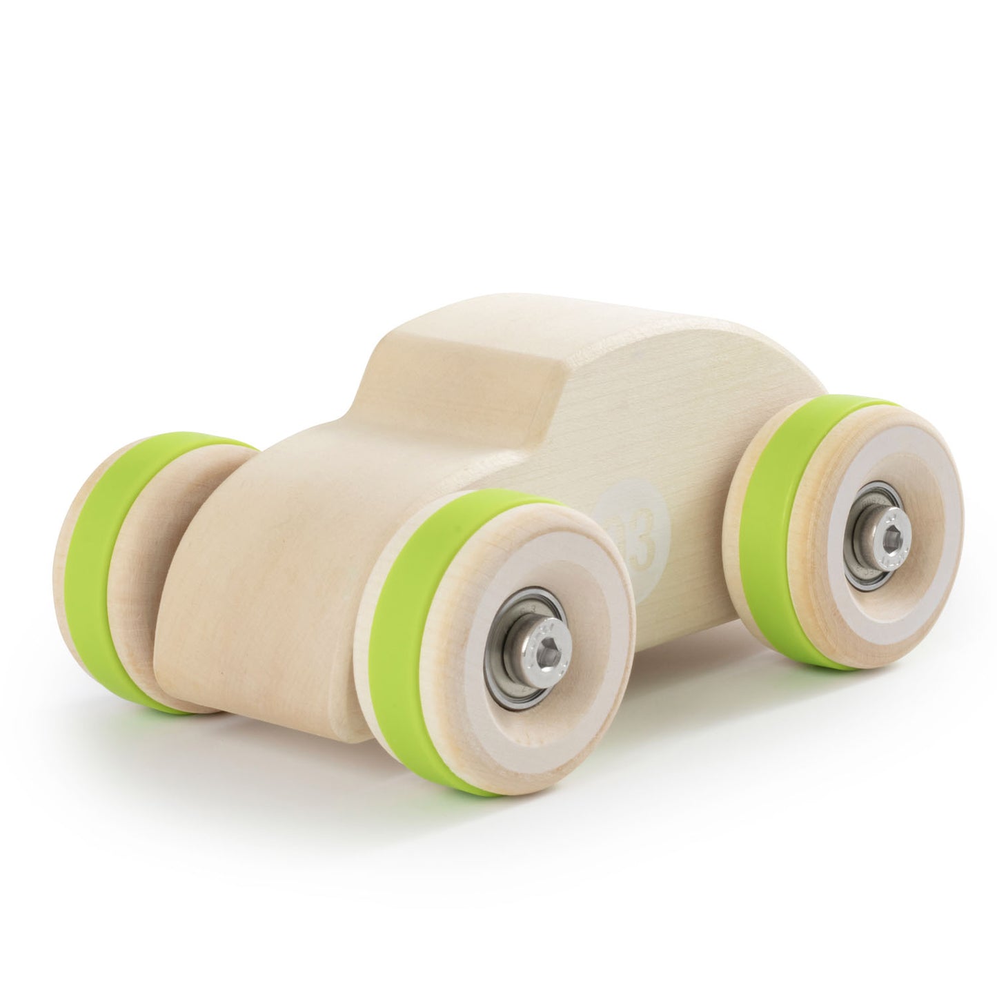 Chunkies: Natural wooden toy car in the shape of a vintage beetle car with wooden wheels, skate bearings and stainless steel hardware. Built to last generations. 