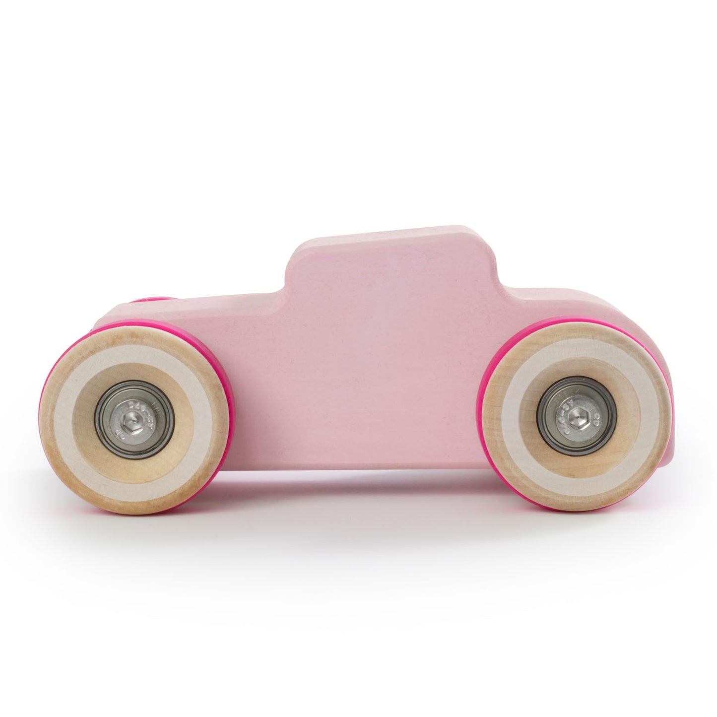 Chunkies: Perfectly PInk wooden toy car in the shape of a vintage hot rod with wooden wheels, skate bearings and stainless steel hardware. Built to last generations. 