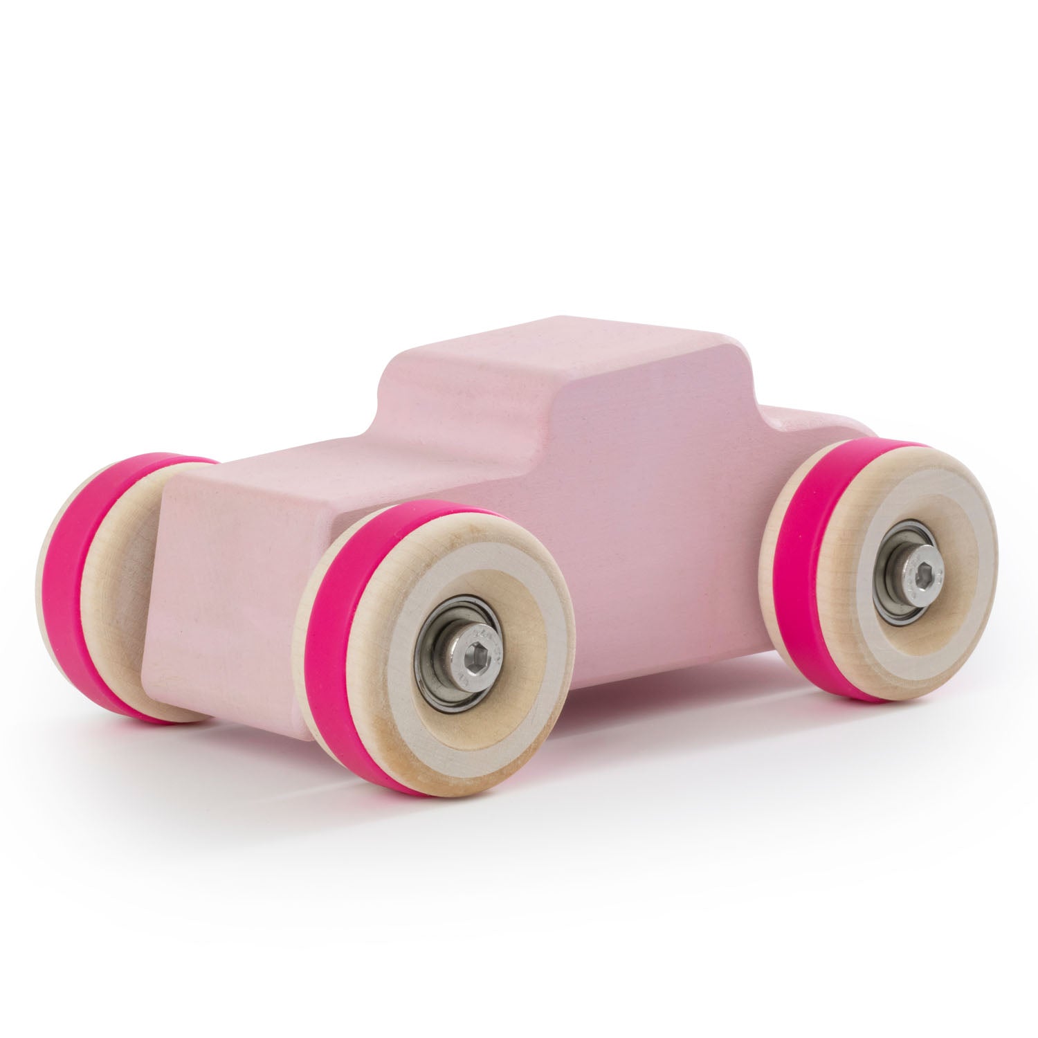 Chunkies: Perfectly PInk wooden toy car in the shape of a vintage hot rod with wooden wheels, skate bearings and stainless steel hardware. Built to last generations. 