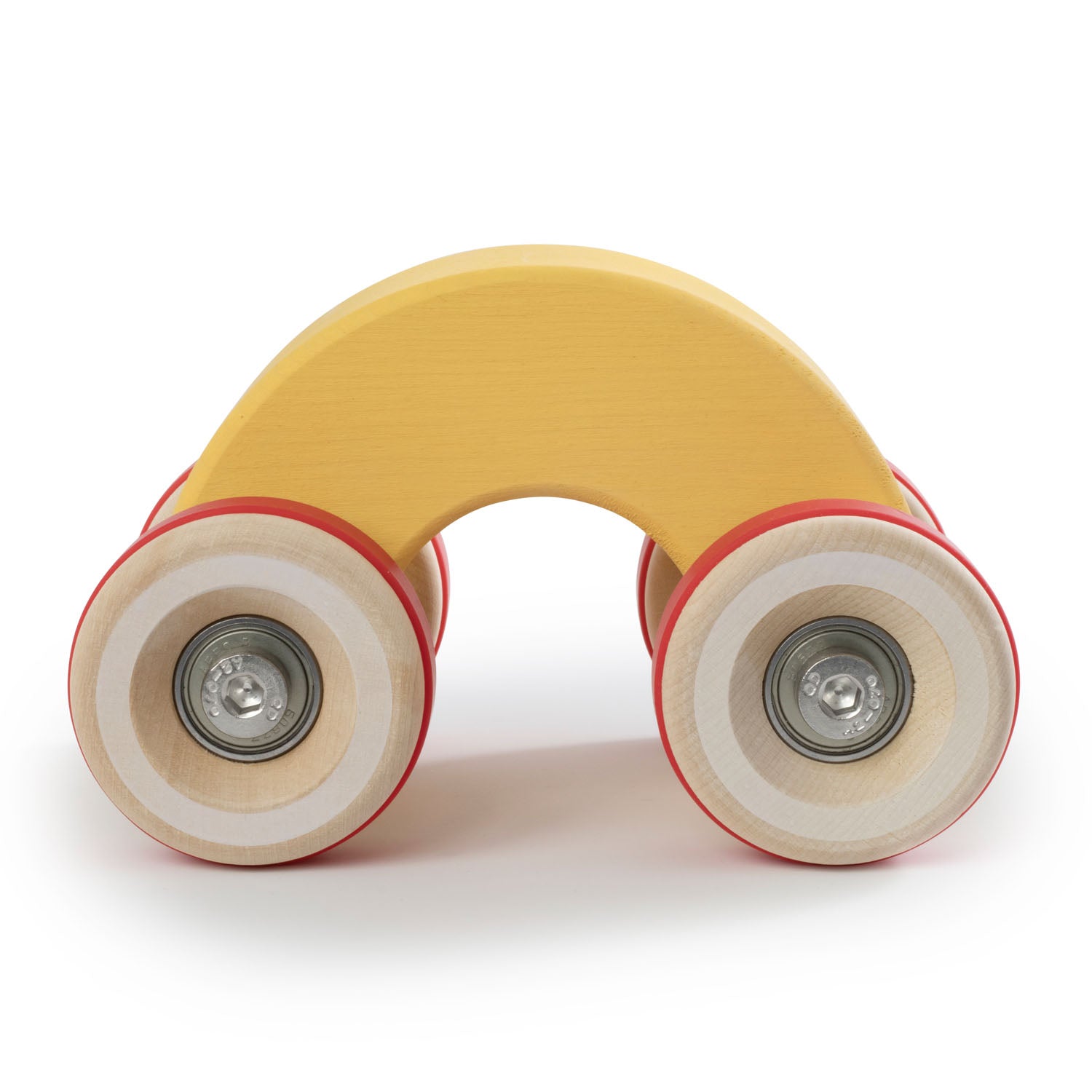 Chunkies: Yellow wooden toy car in the shape of a arch with wooden wheels, skate bearings and stainless steel hardware. Built to last generations. 