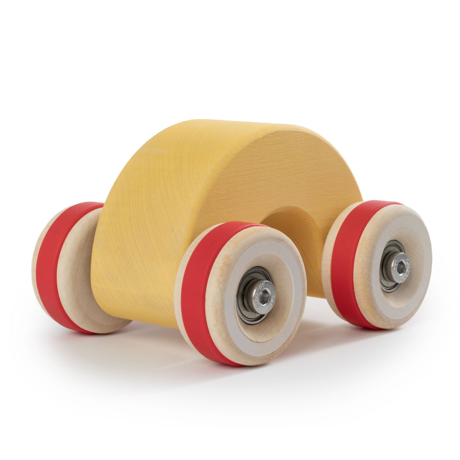 Chunkies: Yellow wooden toy car in the shape of a arch with wooden wheels, skate bearings and stainless steel hardware. Built to last generations. 