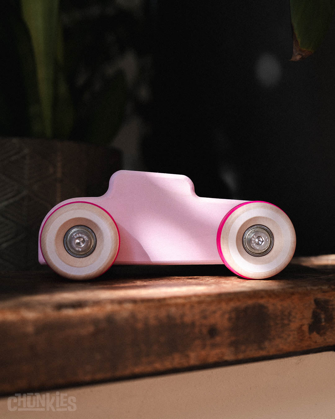 Chill Pepper Chunkies No04  Wooden Toy Car The Hot Rod Perfectly Pink perfect side view to show the silhouet of the classic chopped car shape