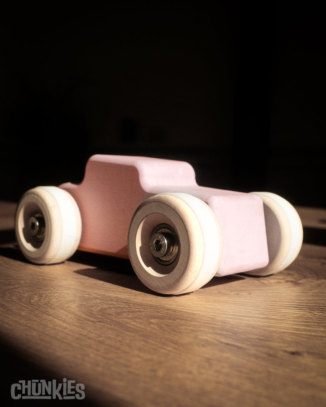 Chill Pepper Chunkies No04  Wooden Toy Car The Hot Rod Perfectly Pink comes with two sets of tires so you can customize them to your liking. Great for imaginative play and car collectors. Built for the next generation.