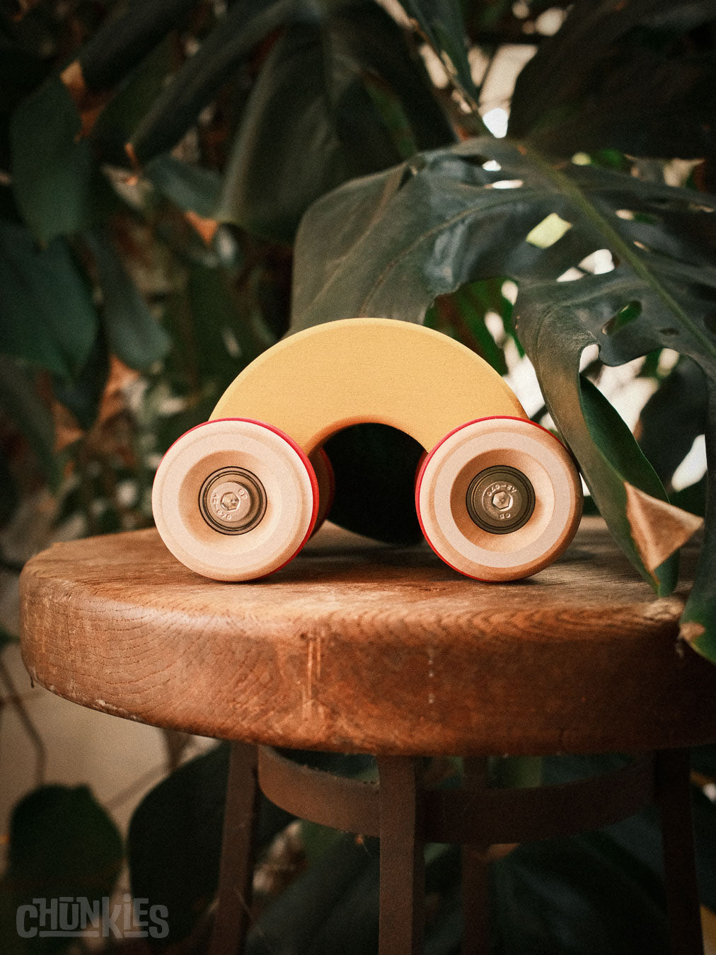 Chill Pepper Chunkies No06 Wooden Toy Car The Rainbow indoors with dark green leafs in the background