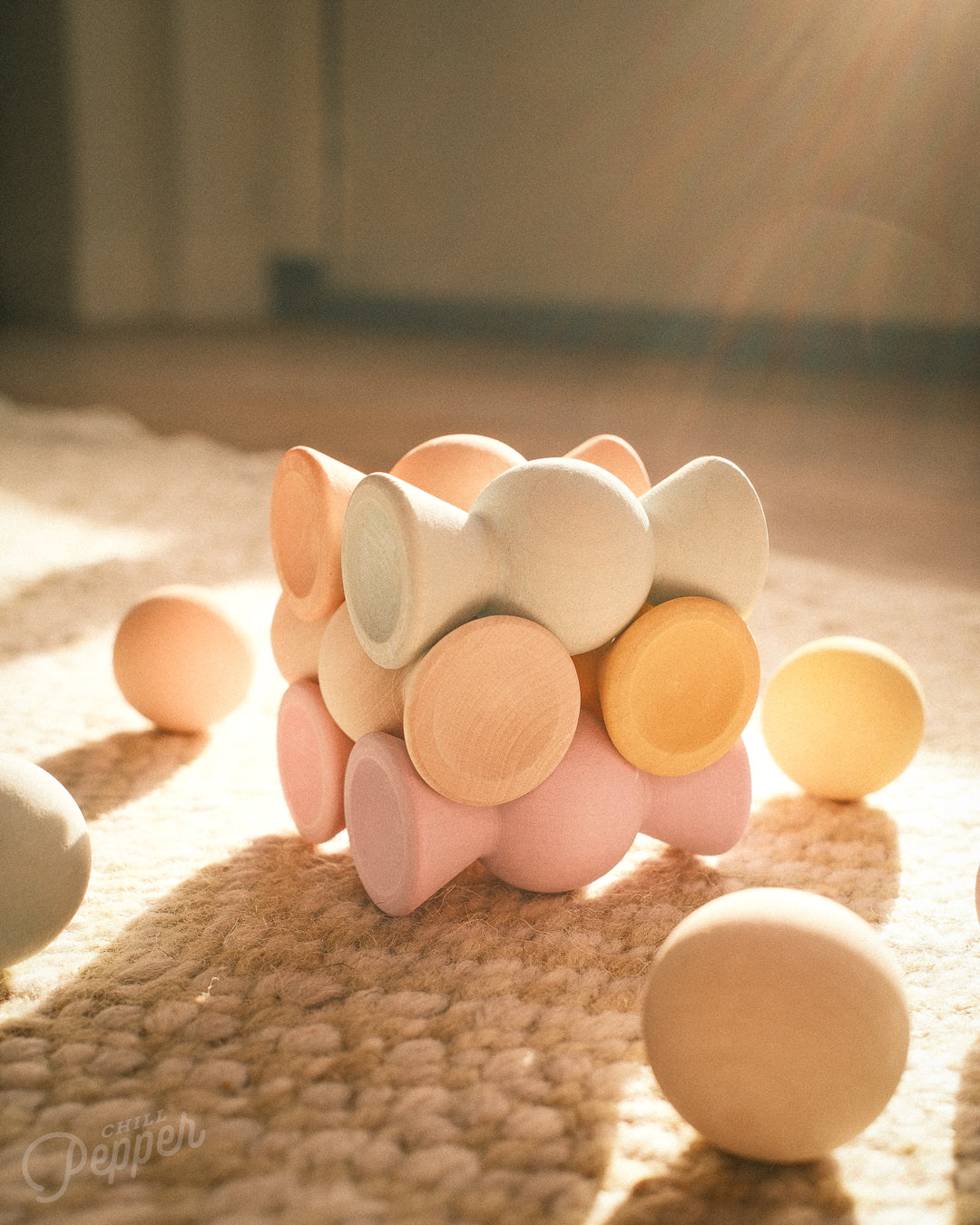 Chill Pepper Sweets wooden stacking game - A small stack in autumn sunshine
