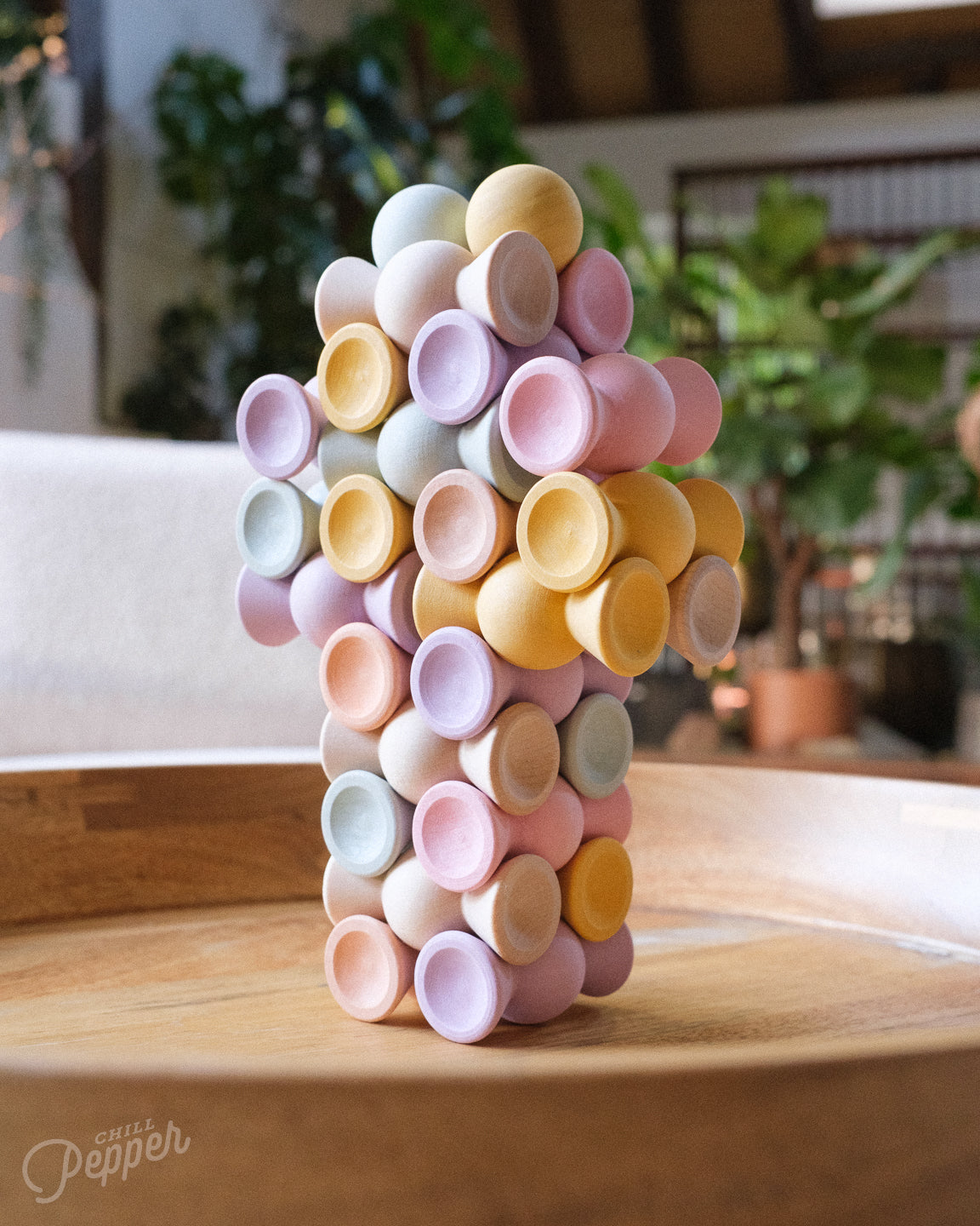 Chill Pepper Sweets wooden stacking game - a tower bluit in the shape of a mushroom