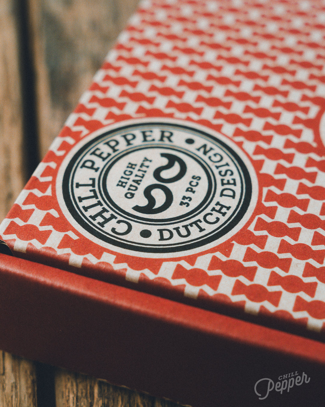 Chill Pepper Sweets Wooden Stacking game -  a close-up of the box with the mention of the origin and the number of pieces in the box (33)