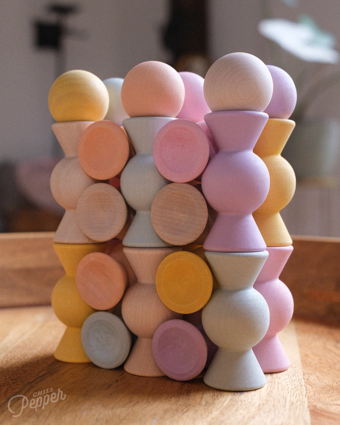 One of the hardest stacks to build with the Chill Pepper Sweets Wooden Stacking game. A real challenge