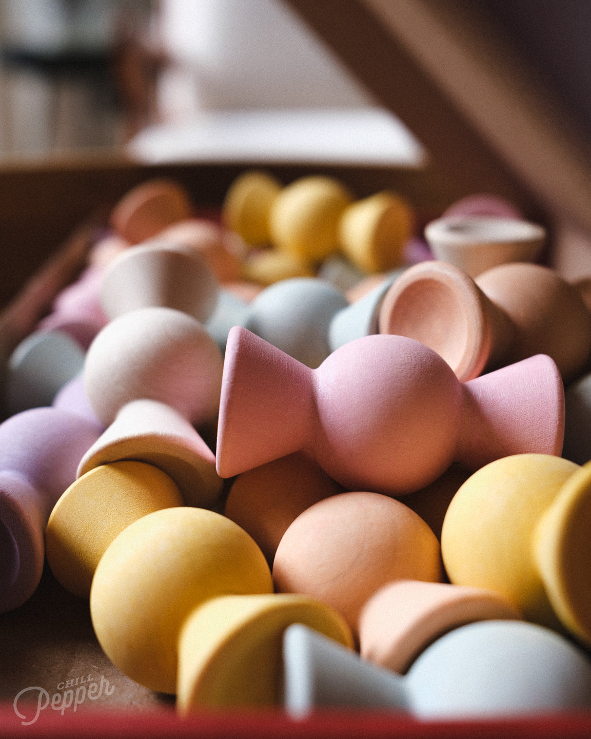 Chill Pepper Sweets wooden stacking game - a close-up in the box