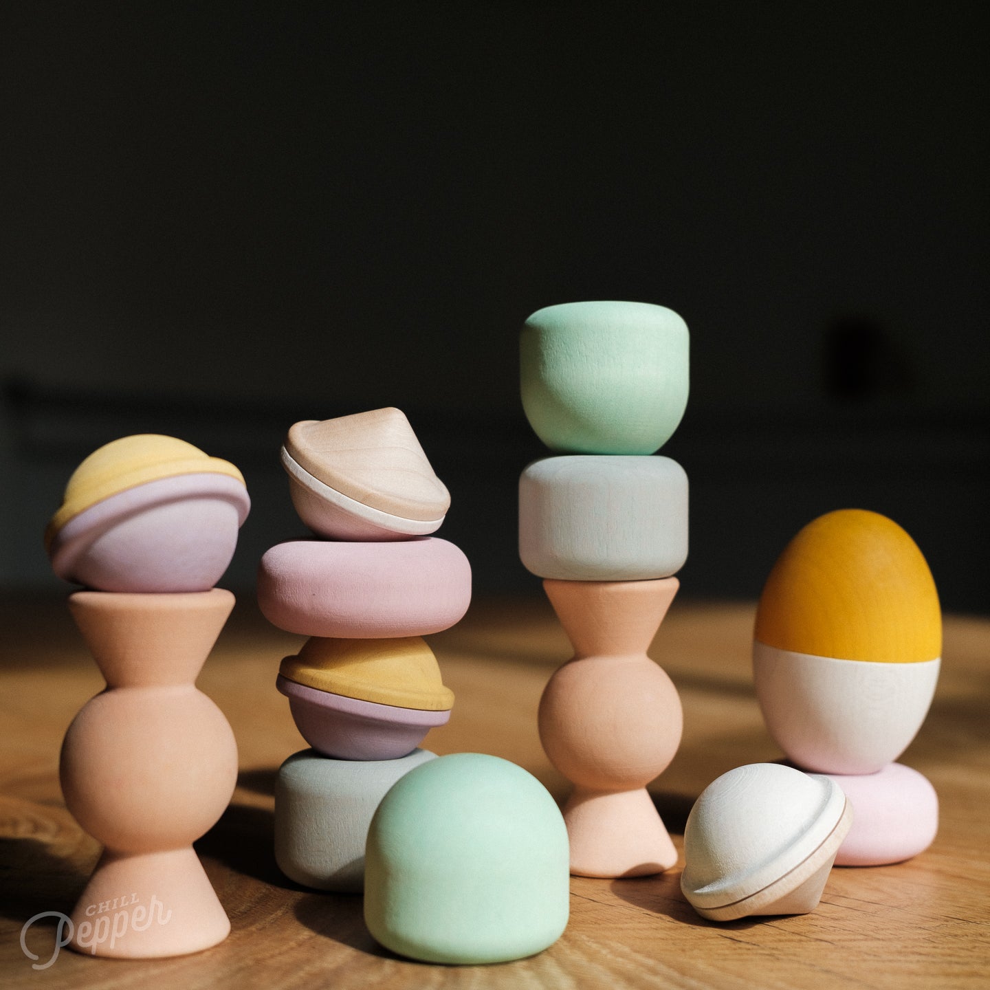 All pieces of Chill Pepper Treats – Wooden Stacking & Spinning Game work very well together to challenge yourself and play games. All open ended and beautifully finished in Europe