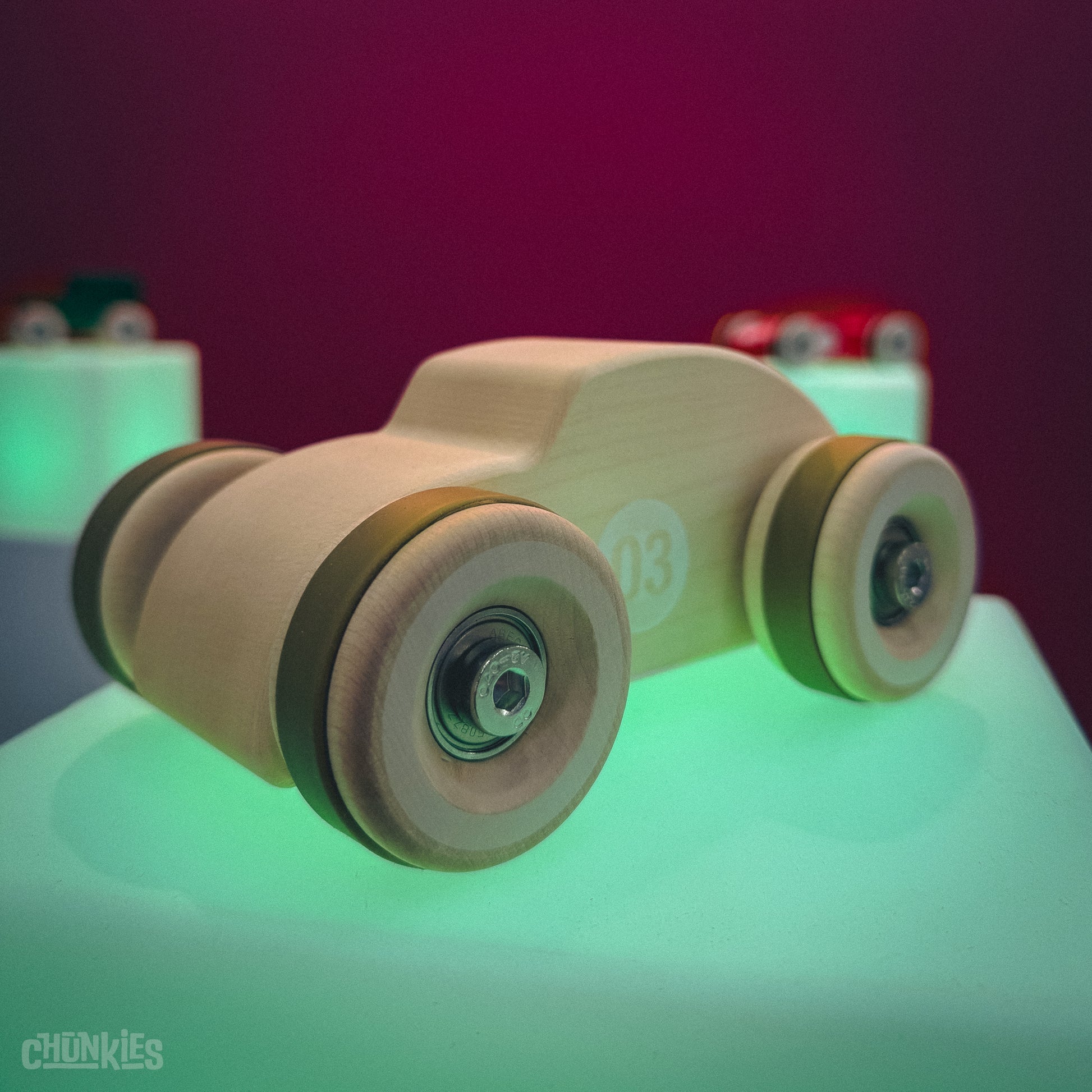 Chunkies: Natural wooden toy car in the shape of a vintage beetle car with wooden wheels, skate bearings and stainless steel hardware. Built to last generations. 